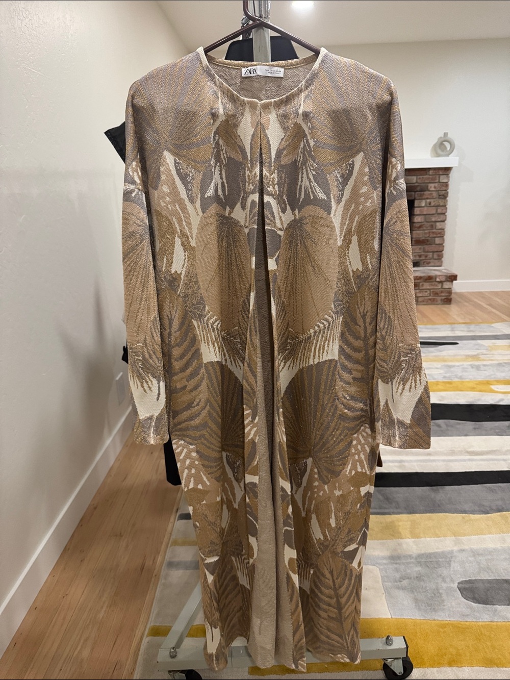 Zara Beige & Brown Long Floral-Leaf Open Cardigan